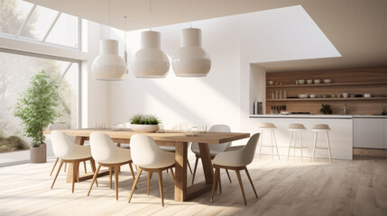Modern minimalist kitchen with a dining table set, large windows, and elegant hanging lights, bathed in sunlight
