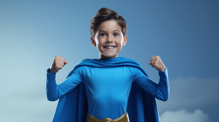 Enthusiastic young boy dressed as a superhero with a blue cape, ready for action, against a sky-like backdrop