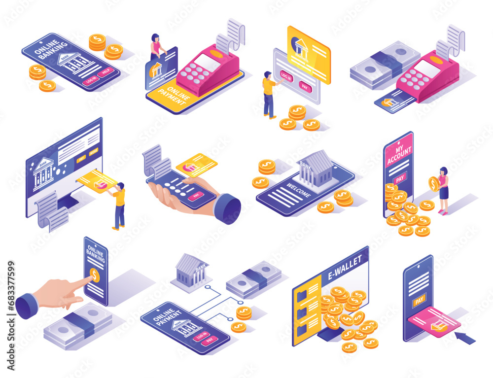 Sticker Isometric mobile and digital banking services elements