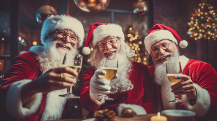 Santa Claus and friends with a glass of sparkling wine champagne toasting happily for Christmas in a beautiful and luxurious restaurant with Christmas decoration, generative ai