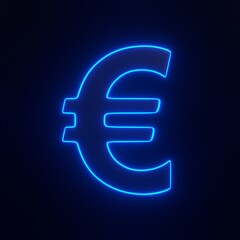 Euro sign with bright glowing futuristic blue neon lights on black background. 3D icon, sign and symbol. Front view. 3D render illustration