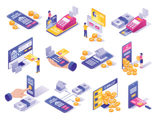 Isometric mobile and digital banking services elements