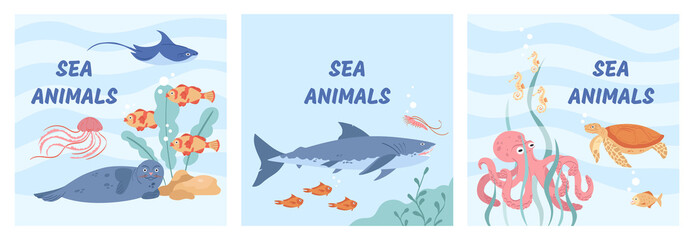 Hand drawn sea wildlife composition with different marine animals set