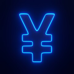 Obraz premium Yen sign with bright glowing futuristic blue neon lights on black background. 3D icon, sign and symbol. Front view. 3D render illustration