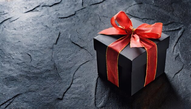 Black Friday concept. Realistic black gifts boxes. Empty open gift box top view with gold bow. Dark background. AI generated.