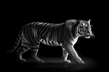 black and white silhouette of a tiger in the studio. tiger on a black and gray background. Generative AI