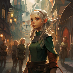 portrait of an elf in a city