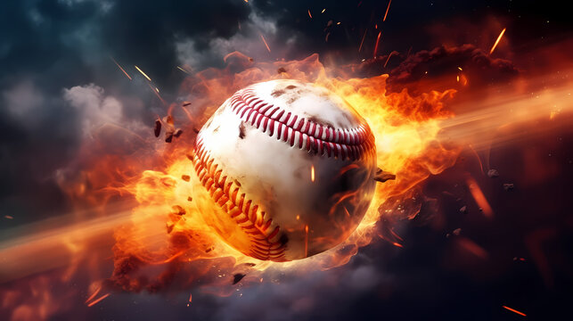 magic leather baseball ball in a colorful explosion of fire energy and movement, sports performance, banner with copy space
