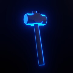 Hammer with bright glowing futuristic blue neon lights on black background. 3D icon, sign and symbol. Cartoon minimal style. 3D render illustration