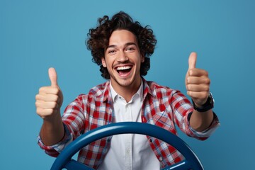 Confident Young Man Learning to Drive with Thumbs Up