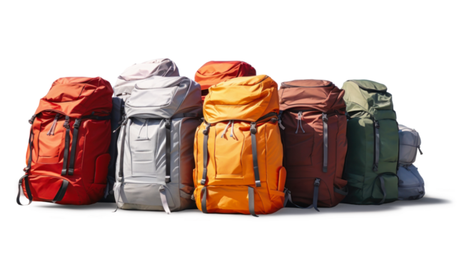 Luggage on an isolated white background. Lots of suitcases, bags and backpacks. Travel luggage. Vacation and travel concept