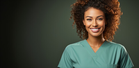 Portrait, mockup and mixed race woman with scrubs, nurse and medical helper against a green studio background. Female person, doctor or happy model with happiness, career and healthcare professional - obrazy, fototapety, plakaty