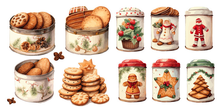 christmas cookies in tin boxes watercolor vectors 