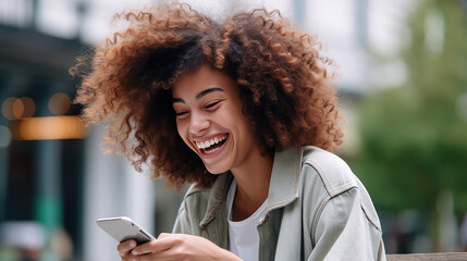 Young woman laugh and look into smartphone screen. Creative concept of mobile operator, mobile internet to communicate with friends, stay always in touch. - obrazy, fototapety, plakaty