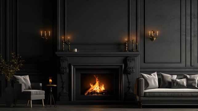 Living room interior in dark colors with fireplace.