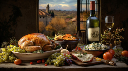 provencal thanksgiving feast with turkey and traditional side dishes in front of a winery background - obrazy, fototapety, plakaty