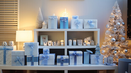 Cozy Christmas setup with blue gifts and flocked tree by the shelf. Warm holiday decor with sparkling tree and blue wrapped presents.