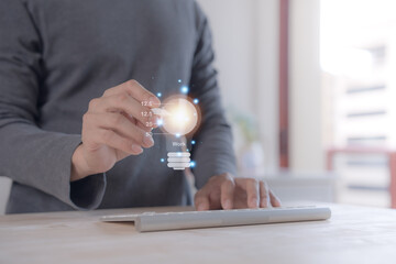 person planning the business plans and analyse  profitability of working companies with digital augmented reality graphics for project manager working on laptop and updating business plan