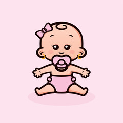 Vector color image of cute sitting baby girl with pacifier and diaper.