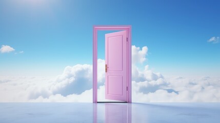 pink door in a blue sky with clouds