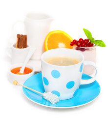 Delicious breakfast with fresh coffee, fresh waffles and fruits