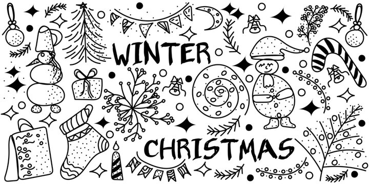 Set of Christmas and Winter in doodle style. Editable stroke. Cute vector hand drawn illustration done in black and white colors with text Christmas, Winter. Isolated on white background