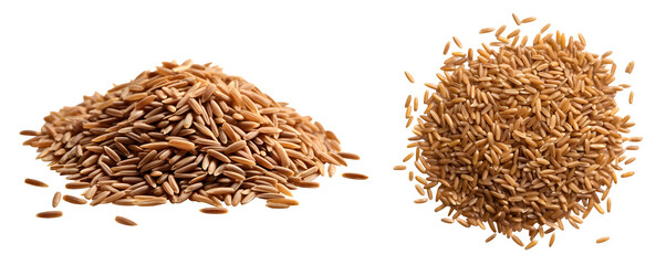 Brown grain rice, group stack heap top side front view on transparent background cutout, PNG file. Mockup template for artwork design.. perspective positions different angle