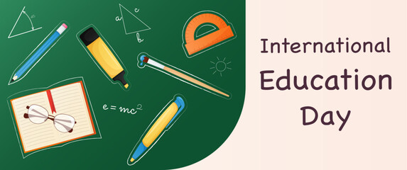 International education day web banner concept with different school supplies