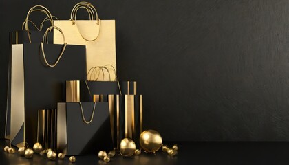 Black Friday concept. creative black and gold composition with shopping bags . Ai Generated.