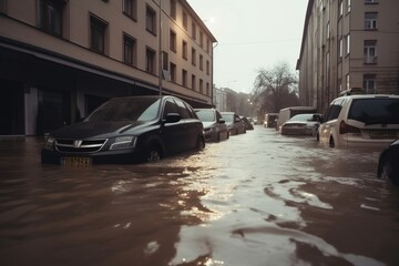 Urban flooding in a small city or town. High water level after heavy rain. Flooded cars on the street. Severe weather and flood concept.