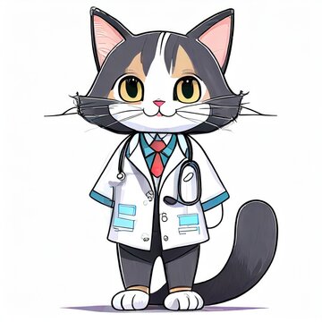 Anime cute a cat in doctor uniform on white background. AI generated.