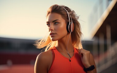 Fit blonde girl with headphones jogging at the street stadium. AI