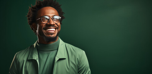 Fototapeta premium Smiling, african man and glasses, fashion and trendy clothes in elegant style on banner background. Mockup space, face and confident male model with happy expression on studio color backdrop
