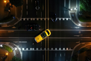 Aerial. A car with its headlights on drives over a pedestrian crosswalk at night. Top view from drone - obrazy, fototapety, plakaty