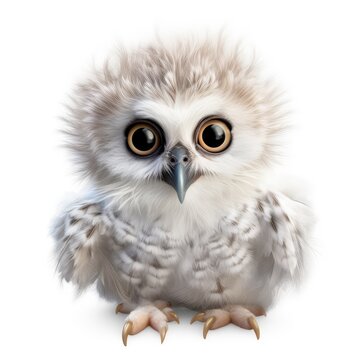 Cute baby white owl isolated on white background