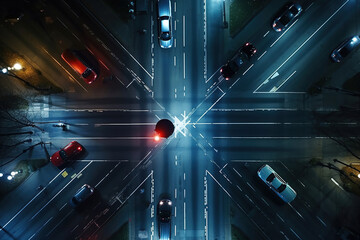 Aerial. A car with its headlights on drives over a pedestrian crosswalk at night. Top view from...