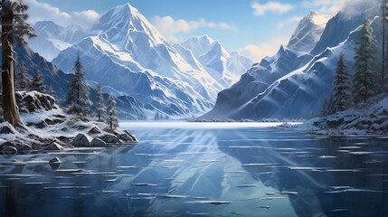 A frozen lake nestled between two mountains, its surface reflecting the pristine snowy peaks and the azure winter sky, with ice skaters gracefully gliding across the frozen water, leaving a trail 