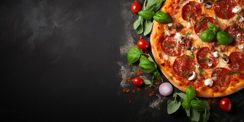 Pizza on background Copy space, Fresh Tasty Food, Cheese, tomato ketchup, mozzarella