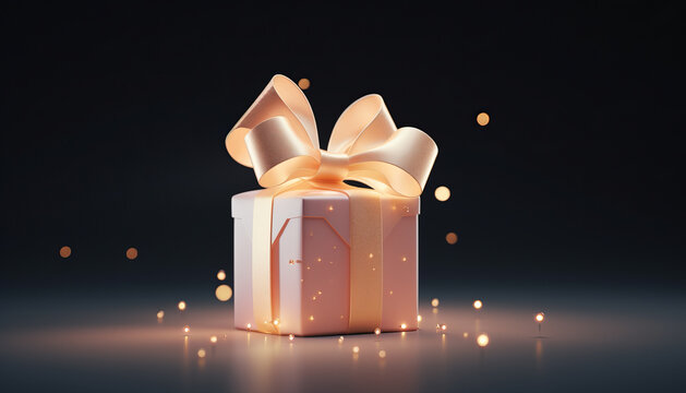 Glowing gold gift, neon lights, 3D render.