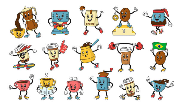 Cartoon coffee shop mascots. Funny hot drink cup, coffee bean in style of 1930s rubber hose animation character. Isolated vector illustration set
