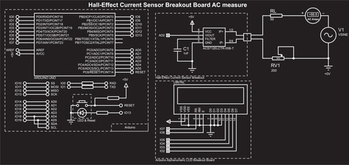 Vector schematic diagram of electronic device on arduino. Connecting expansion board with current sensor and alphanumeric lcd
display to arduino. Hall effect current sensor breakout board ac measure.