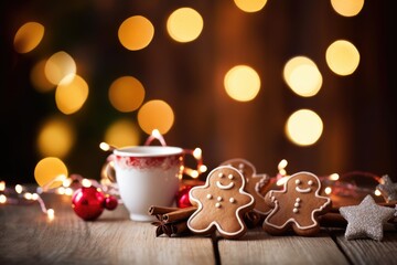 Christmas backgrounds: gingerbread cookies and hot chocolate shot on rustic wooden table