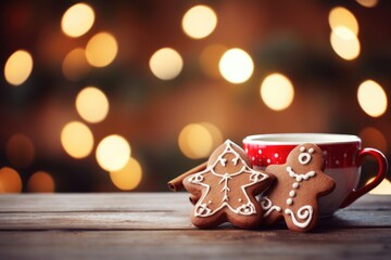 Christmas backgrounds: gingerbread cookies and hot chocolate shot on rustic wooden table