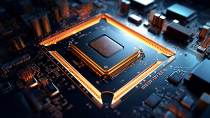Fototapeta na wymiar Central Computer Processors and CPU mockup 3d render for quantum computing, data and graphics. Neon, blue and futuristic gpu chip design closeup for online business, microchip and science engineer