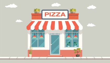 Flat pizza hut illustration isolated on the artboard. cartoon-style shop building vector. pizza shop, pizza hut, store.