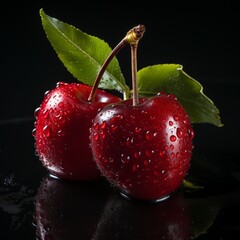 Fresh Ripe Cherry on Black background, Juicy and tasty Fruit, Healthy Food