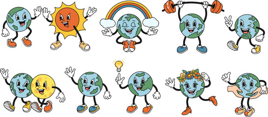 Cartoon planet Earth. Globe mascot with Sun and Moon in style of 1930s rubber hose character. Isolated vector illustration set