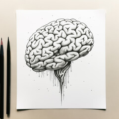 Ink sketch of human brain on sheet of paper