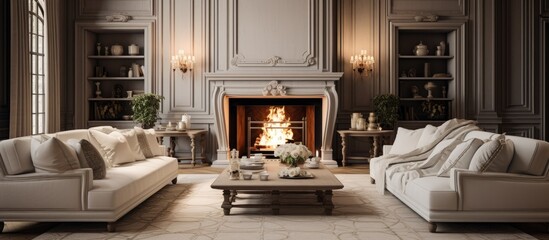 Obraz na płótnie Canvas Stylish living room with fireplace two sofas and carpet