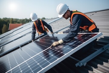 Handymen installing solar panels on the rooftop. Solar panel system installation. Concept of alternative energy and power sustainable resources.  Solar modules.  - obrazy, fototapety, plakaty